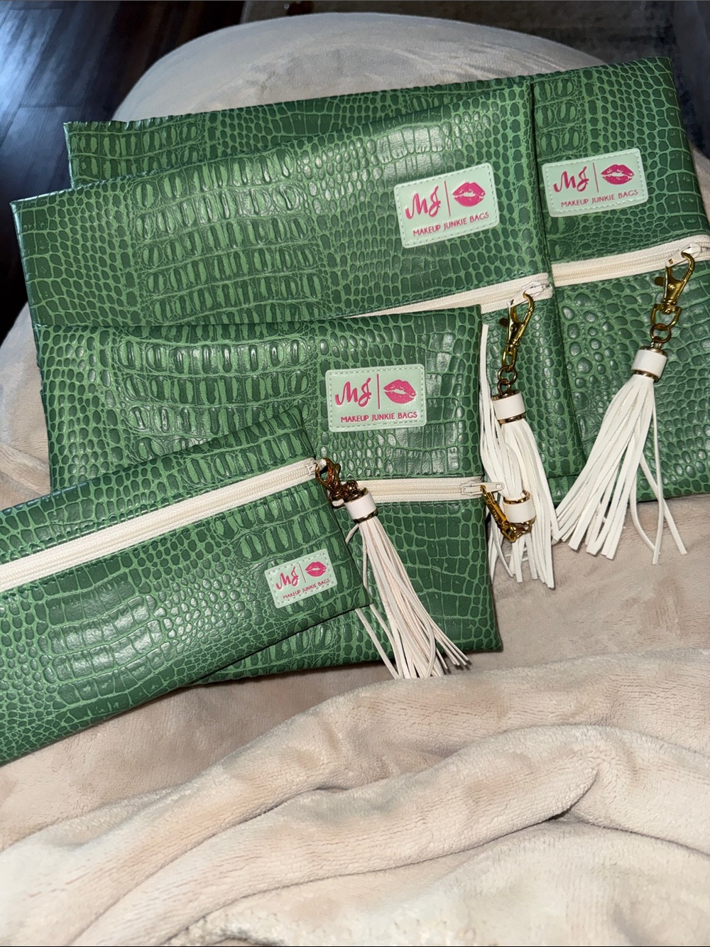 Makeup Junkie set of 4 Green Croc-Embossed Cosmetic Pouches